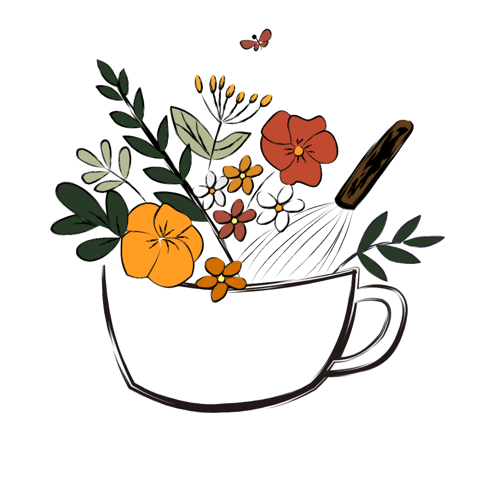 Logo Chez Delphine – tasse fleurie et fouet en bois, symbole des chambres d’hôtes à Doizieux dans le Parc du Pilat.